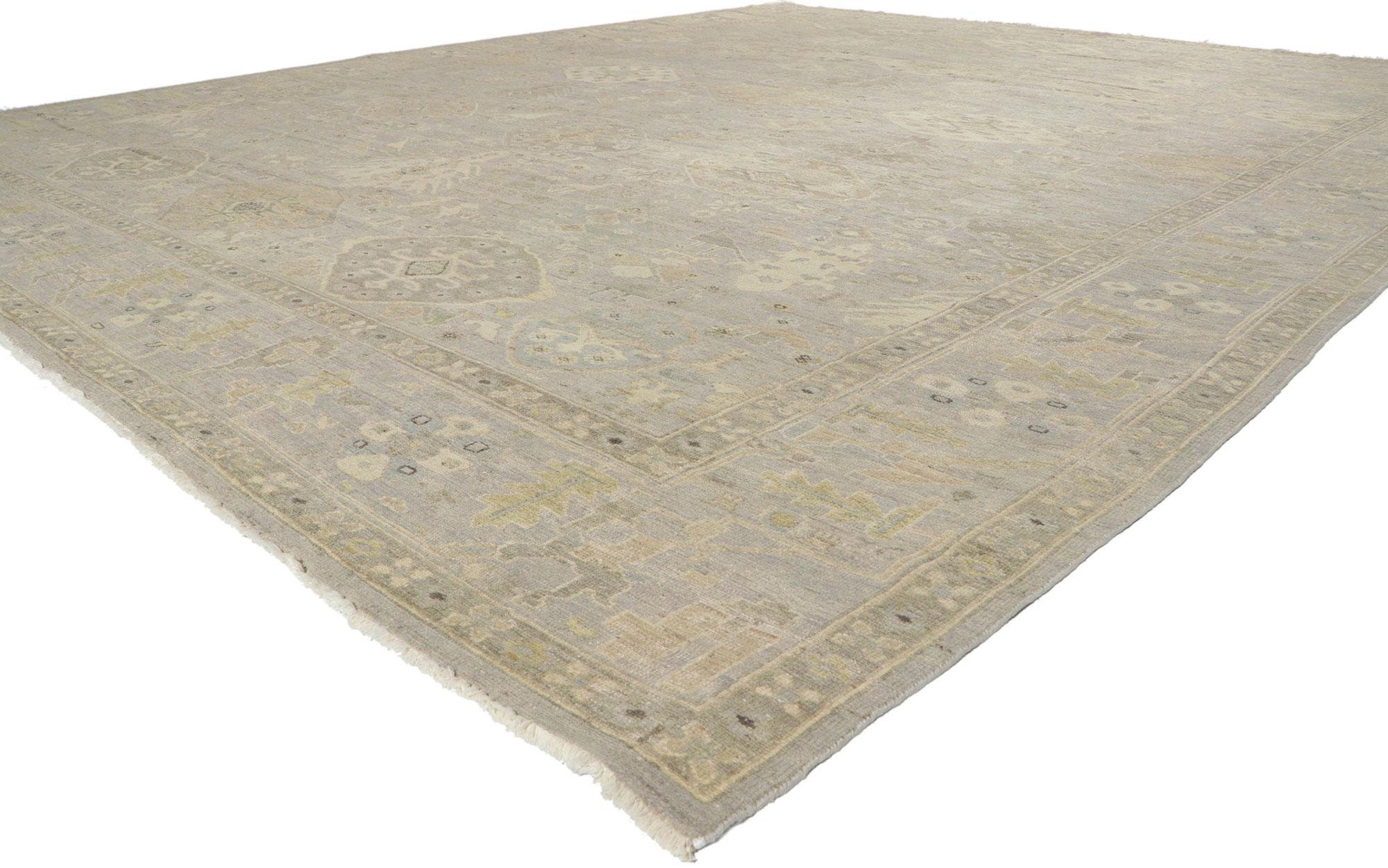 30832 New Distressed Oushak Rug with Vintage Style 12'00 x 14'07. Emanating traditional sensibility and rugged beauty with nomadic charm, this hand-knotted wool distressed Indian Oushak rug creates an inimitable warmth and calming ambiance. The