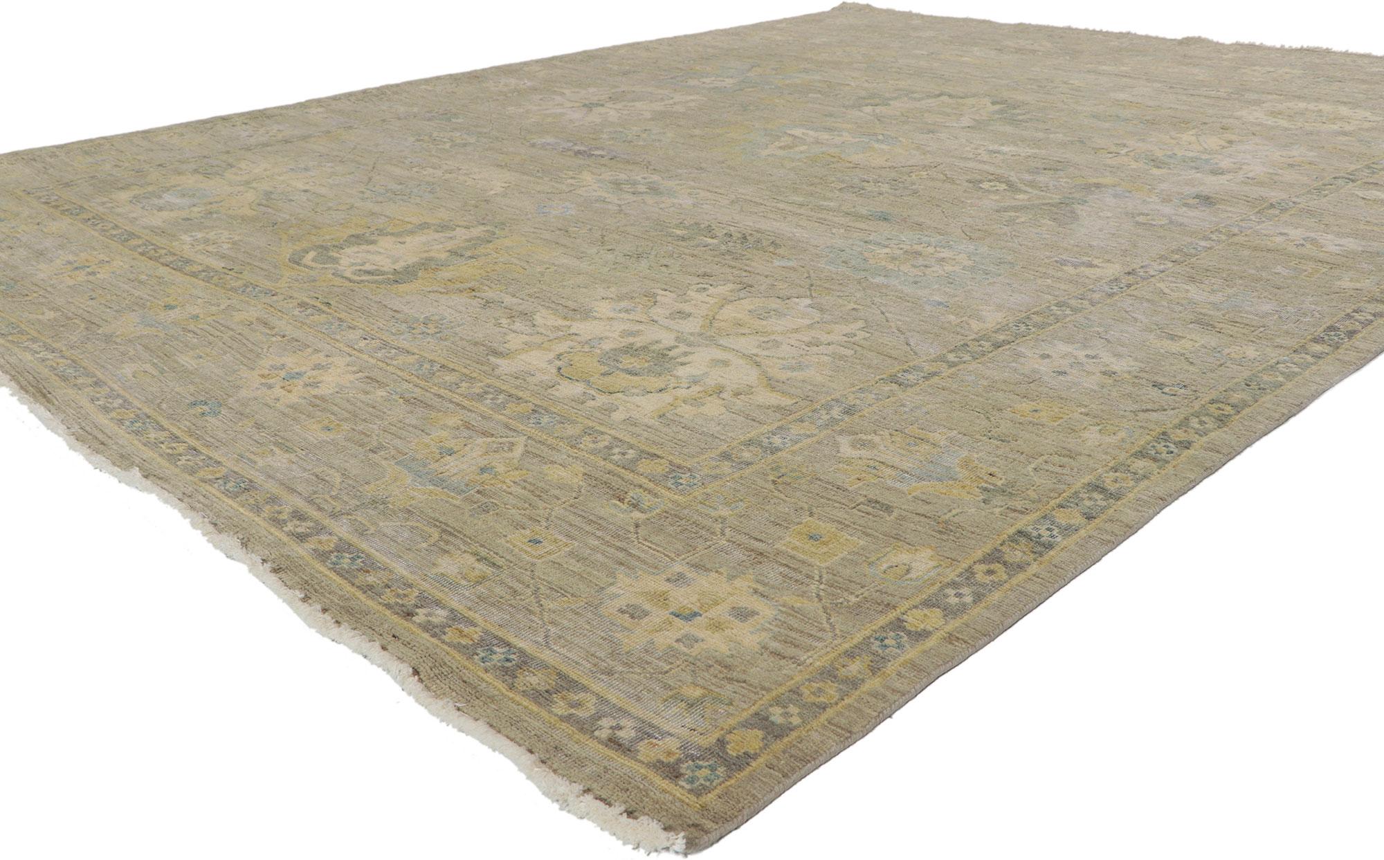 30830 New Distressed Oushak Rug with Vintage Style 07'10 x 09'11. Emanating traditional sensibility and rugged beauty with a earthy colorway, this hand-knotted wool distressed Indian Oushak rug creates an inimitable warmth and calming ambiance. The