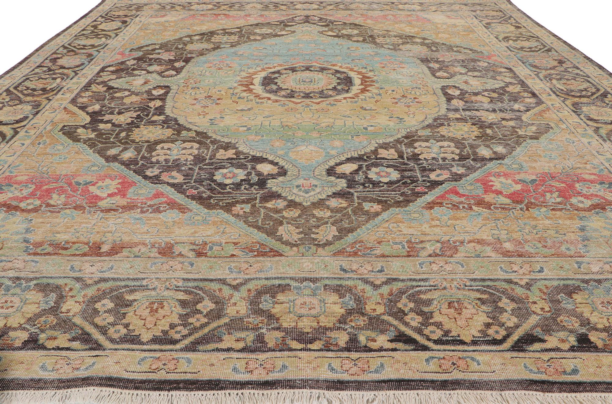Indian New Vintage-Style Distressed Rug with Faded Earth-Tone Colors For Sale