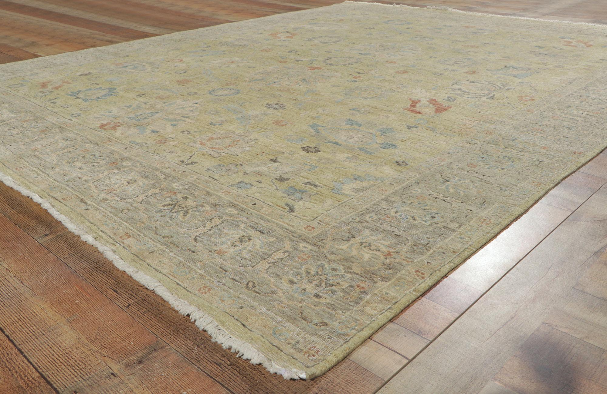 Contemporary New Distressed Oushak Rug with Vintage Style For Sale