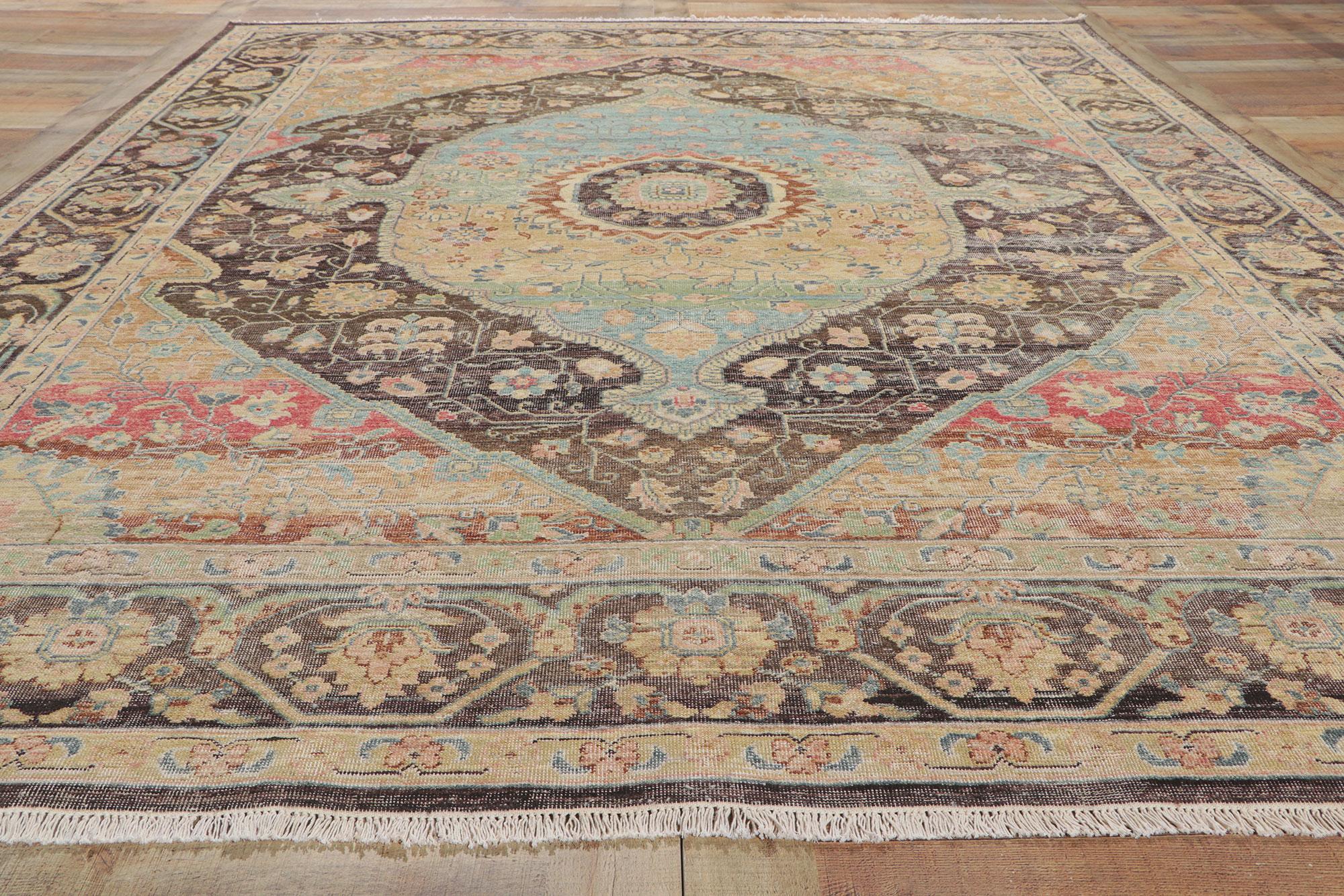 Contemporary New Vintage-Style Distressed Rug with Faded Earth-Tone Colors For Sale