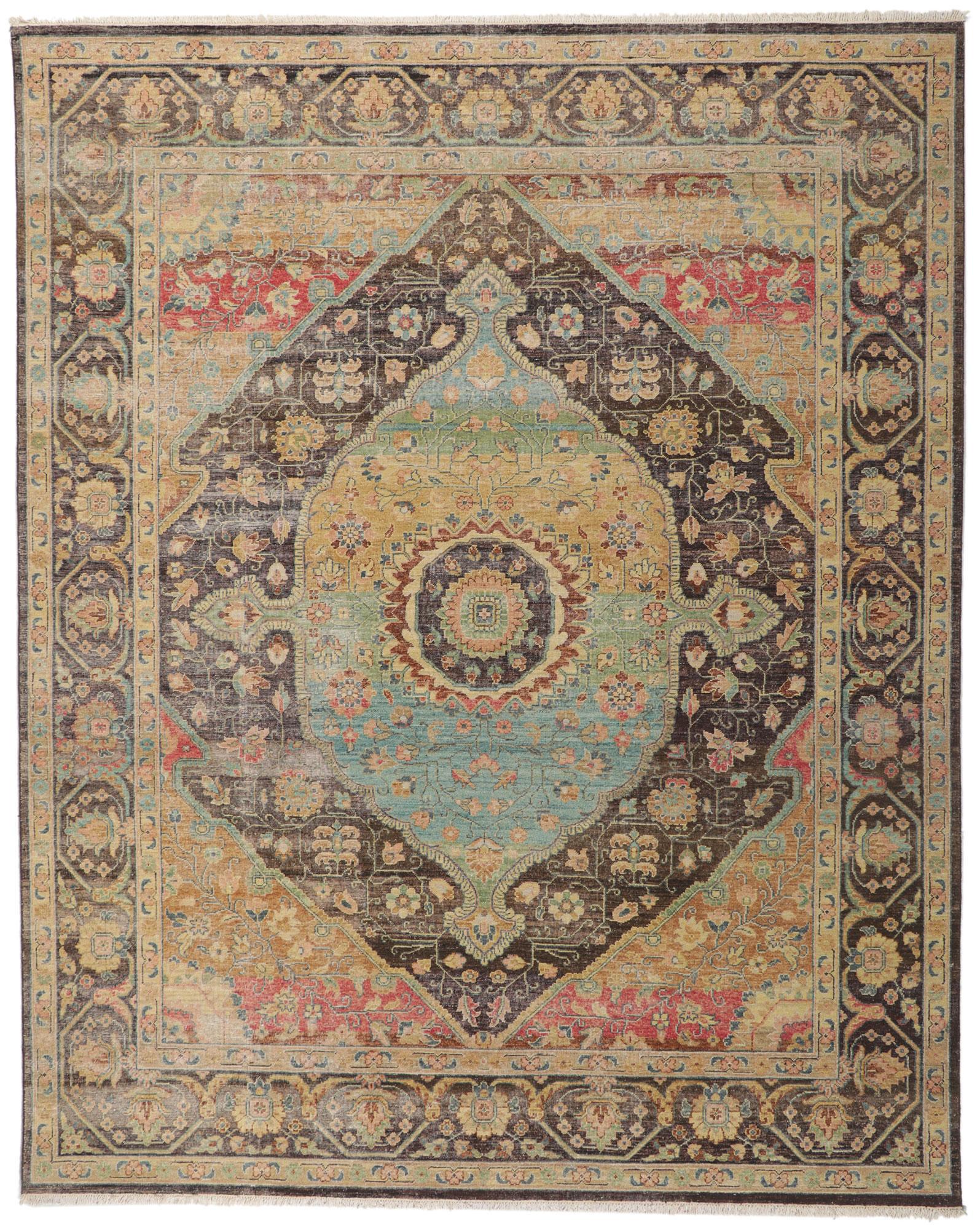 Wool New Vintage-Style Distressed Rug with Faded Earth-Tone Colors For Sale