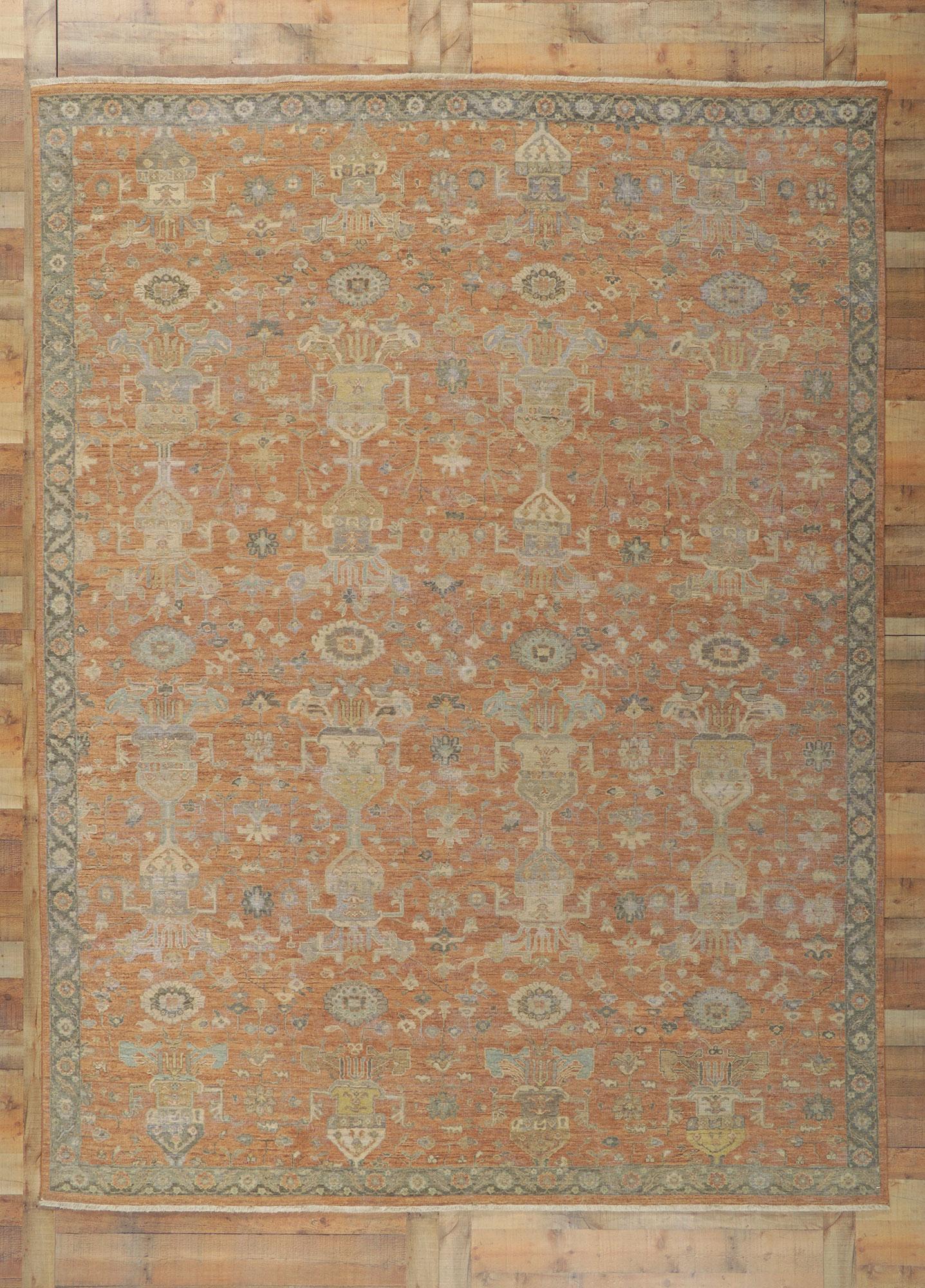 New Distressed Oushak Rug with Vintage Style For Sale 1