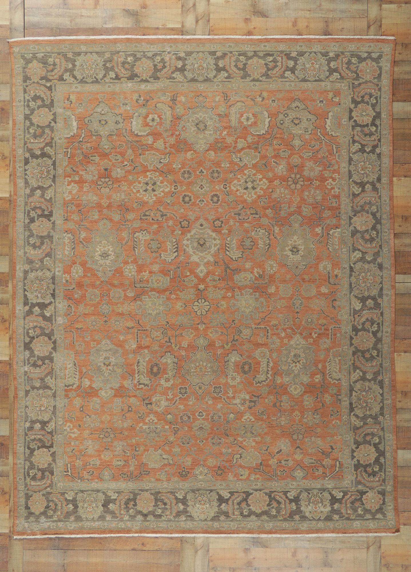 New Distressed Oushak Rug with Vintage Style For Sale 1