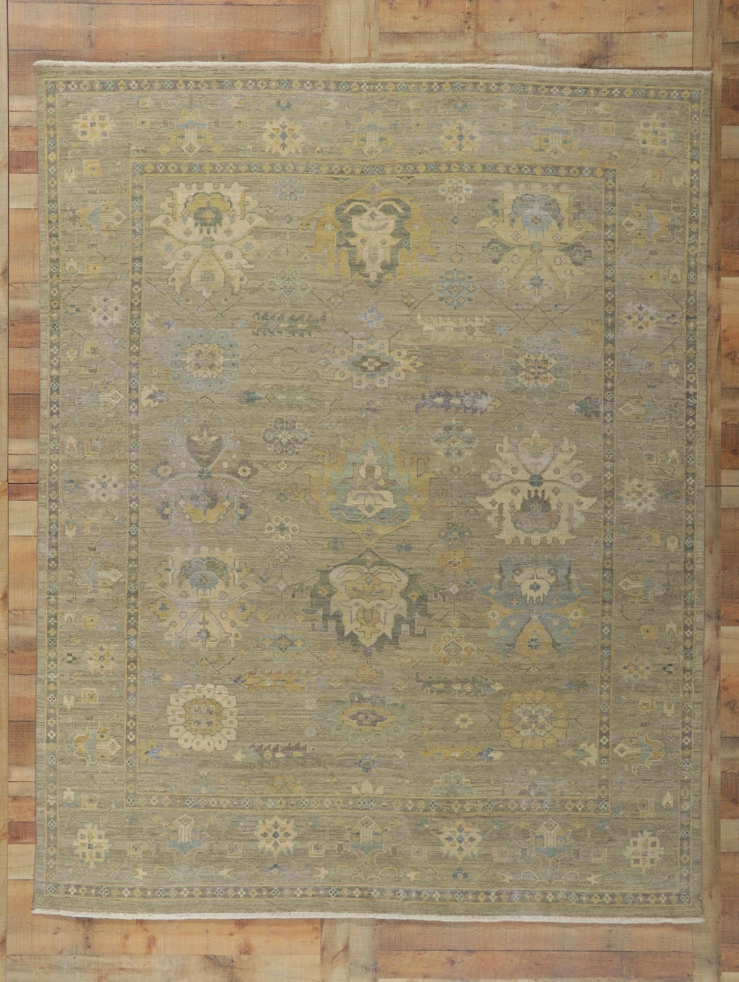 New Distressed Oushak Rug with Vintage Style For Sale 1