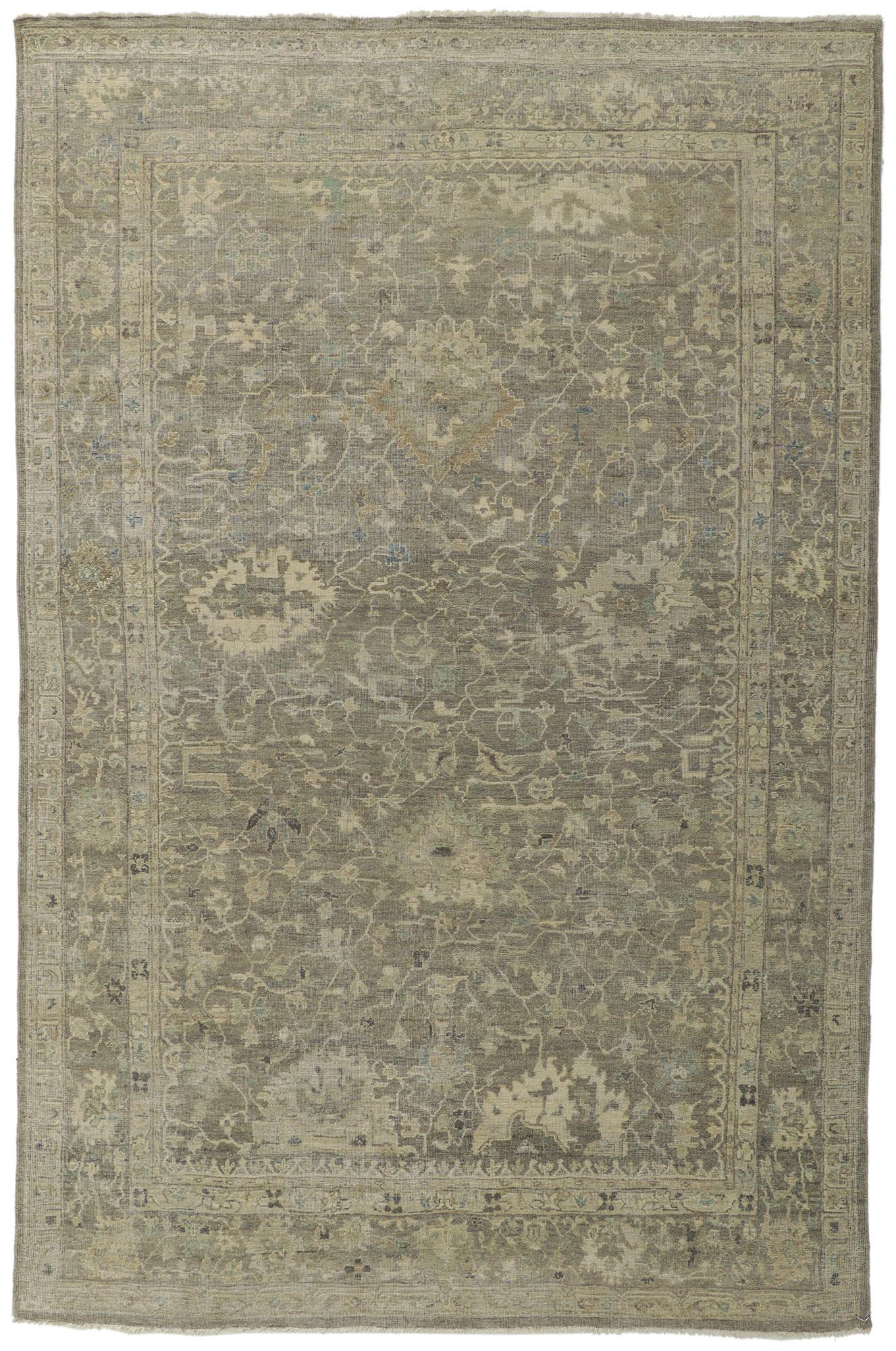 New Distressed Oushak Rug with Vintage Style For Sale 2