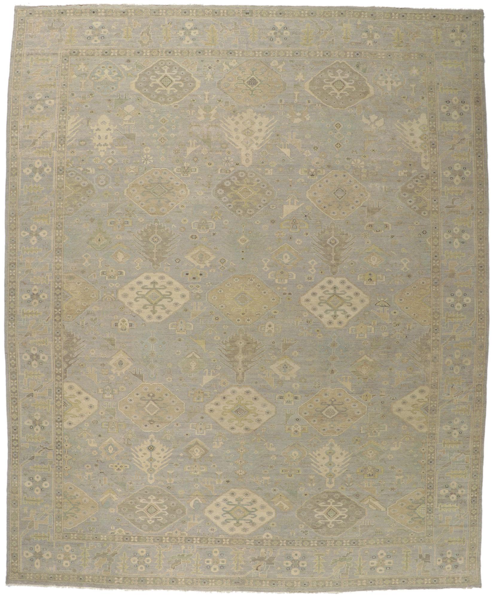 New Distressed Oushak Rug with Vintage Style For Sale 2