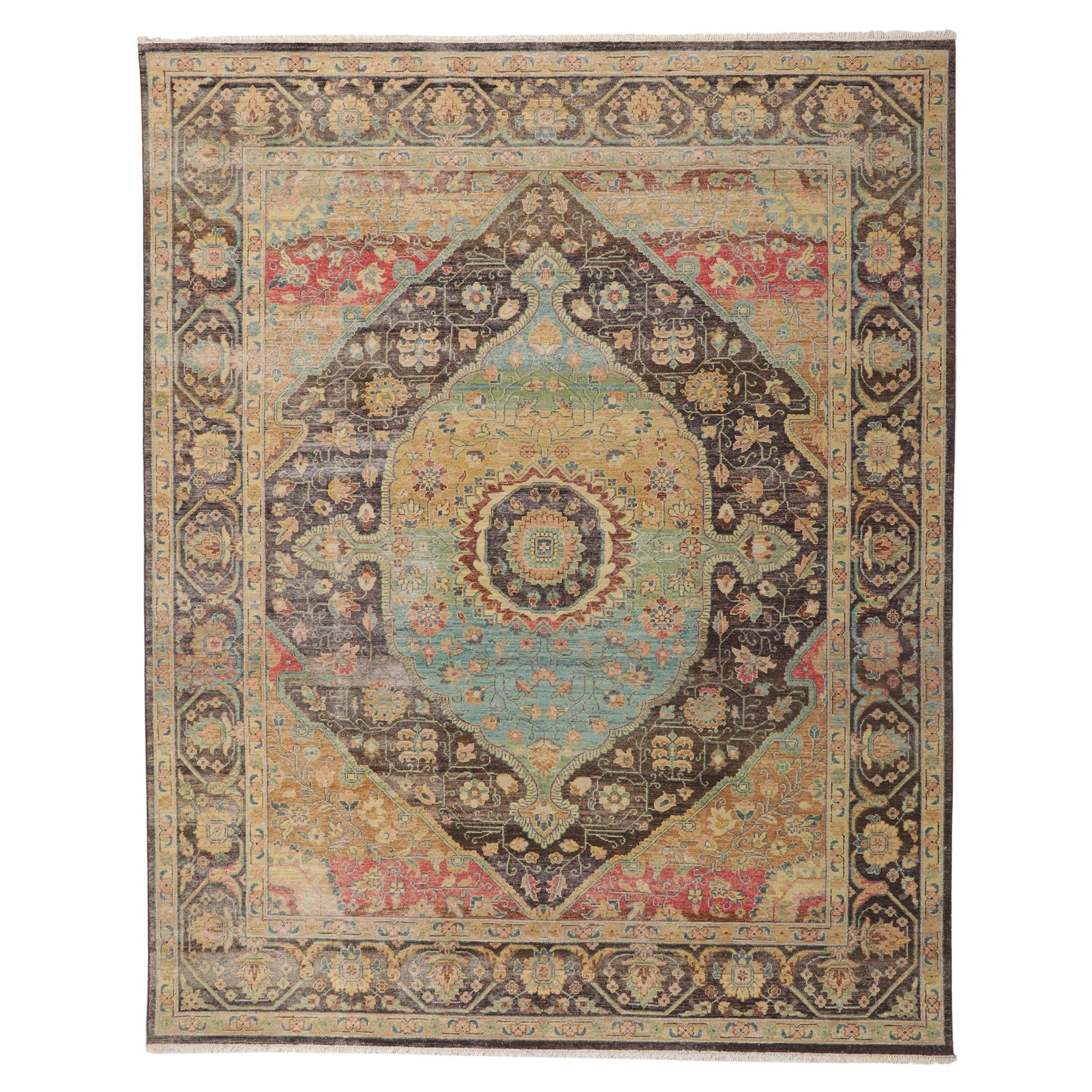 New Vintage-Style Distressed Rug with Faded Earth-Tone Colors