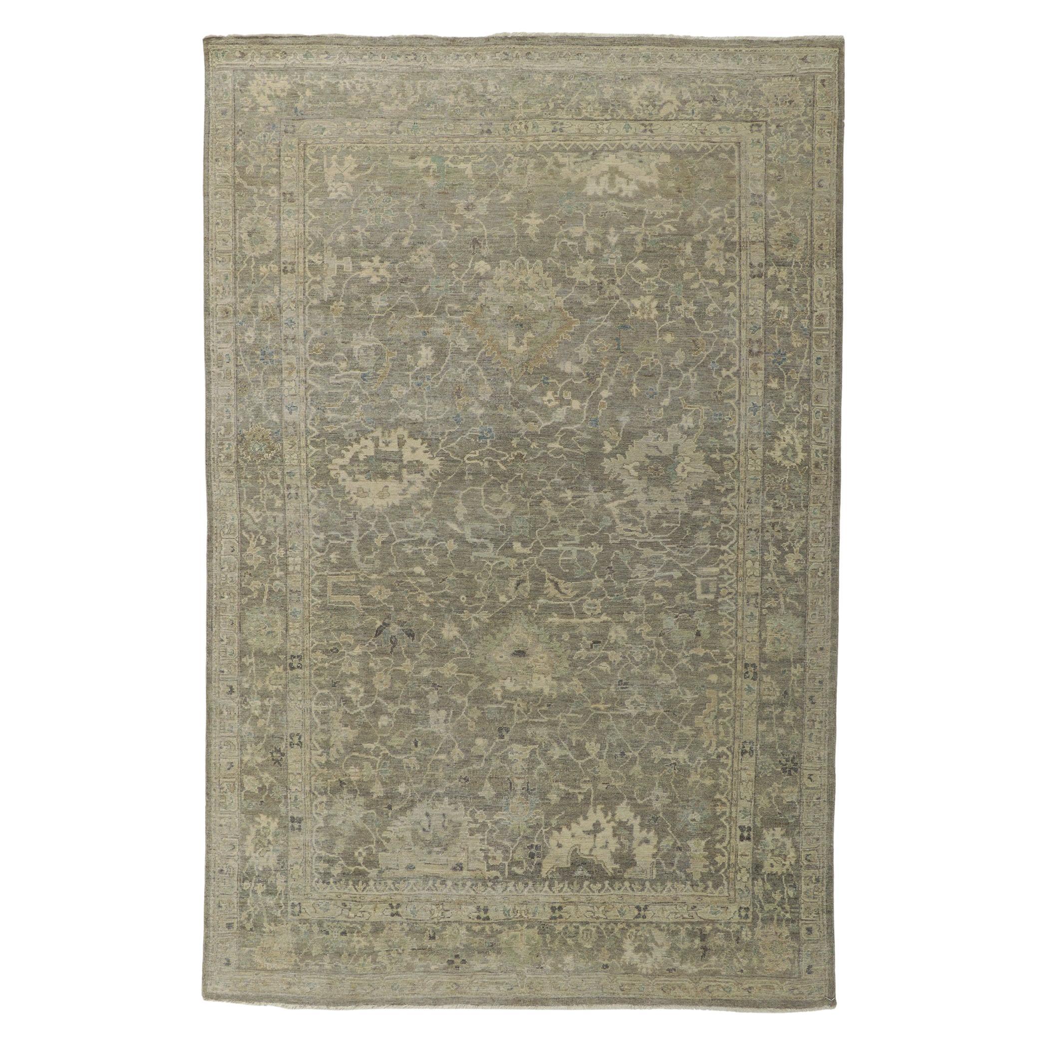 New Distressed Oushak Rug with Vintage Style For Sale