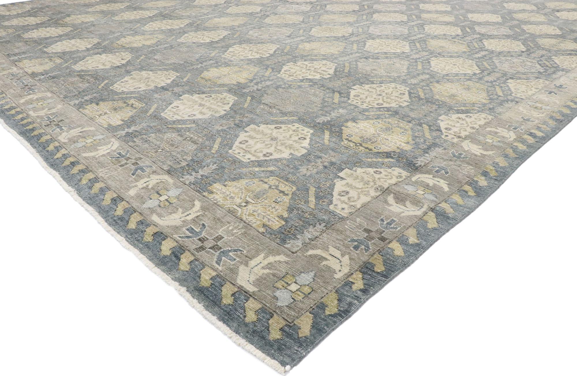 30622 New Contemporary Oushak Style Rug with Rustic Coastal Style 11'09 x 15'01. Dieser zeitgenössische Oushak-Teppich aus handgeknüpfter Wolle, der Elemente aus der modernen Welt mit einer ruhigen Farbpalette verbindet, wird Sie beeindrucken. Der