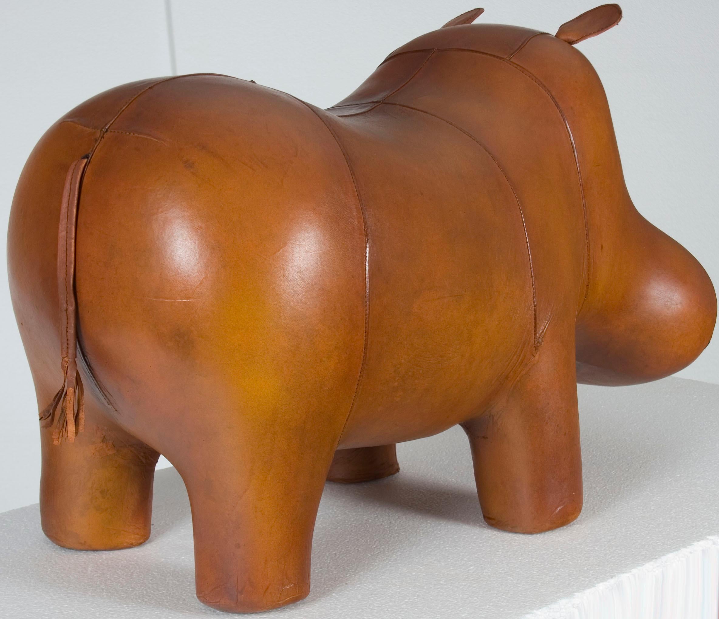 English New Distressed Rustic Leather Hippo Hippopotamus Animal Footstool Ottoman For Sale