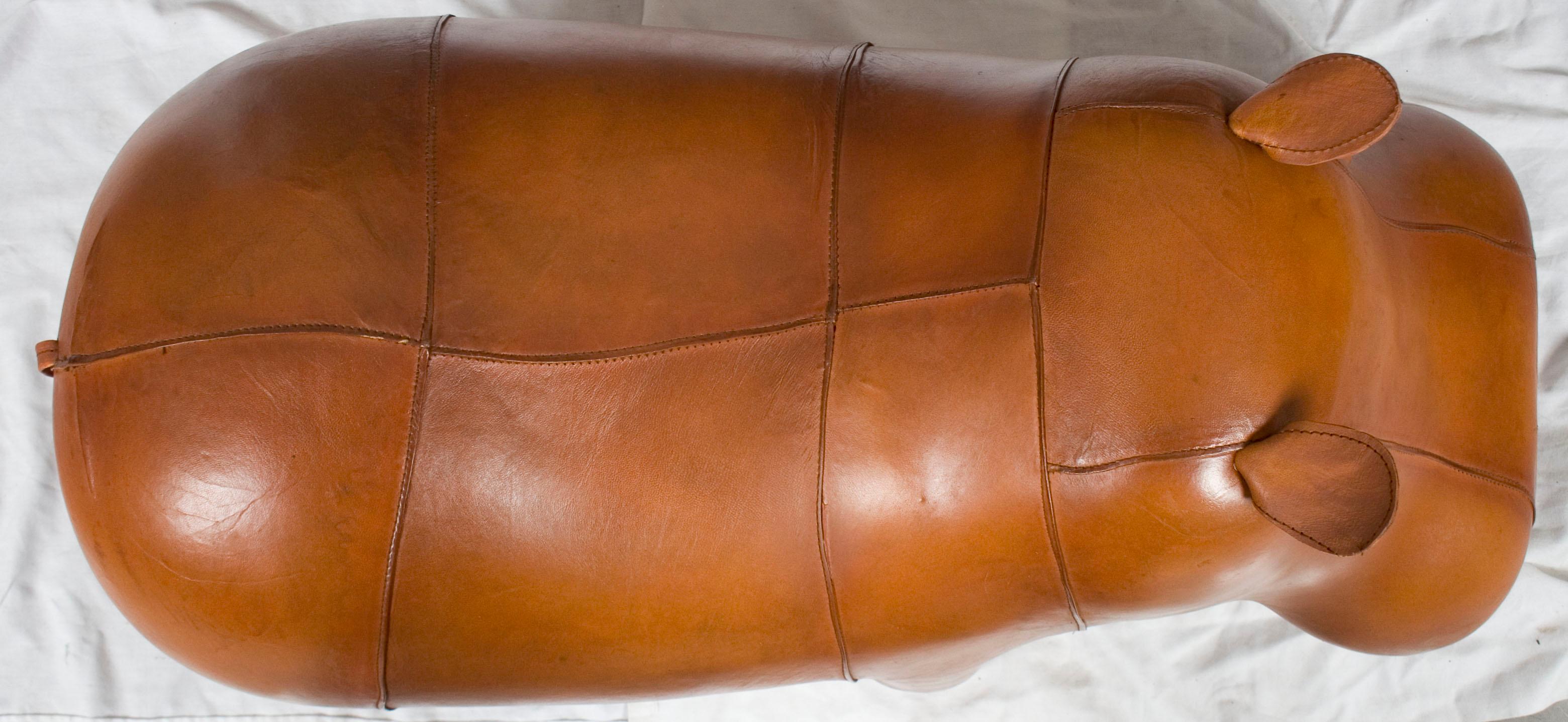 New Distressed Rustic Leather Hippo Hippopotamus Animal Footstool Ottoman For Sale 1