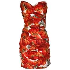New Dolce & Gabbana 2012 Tomato Print Silk Strapless Dress Red & White