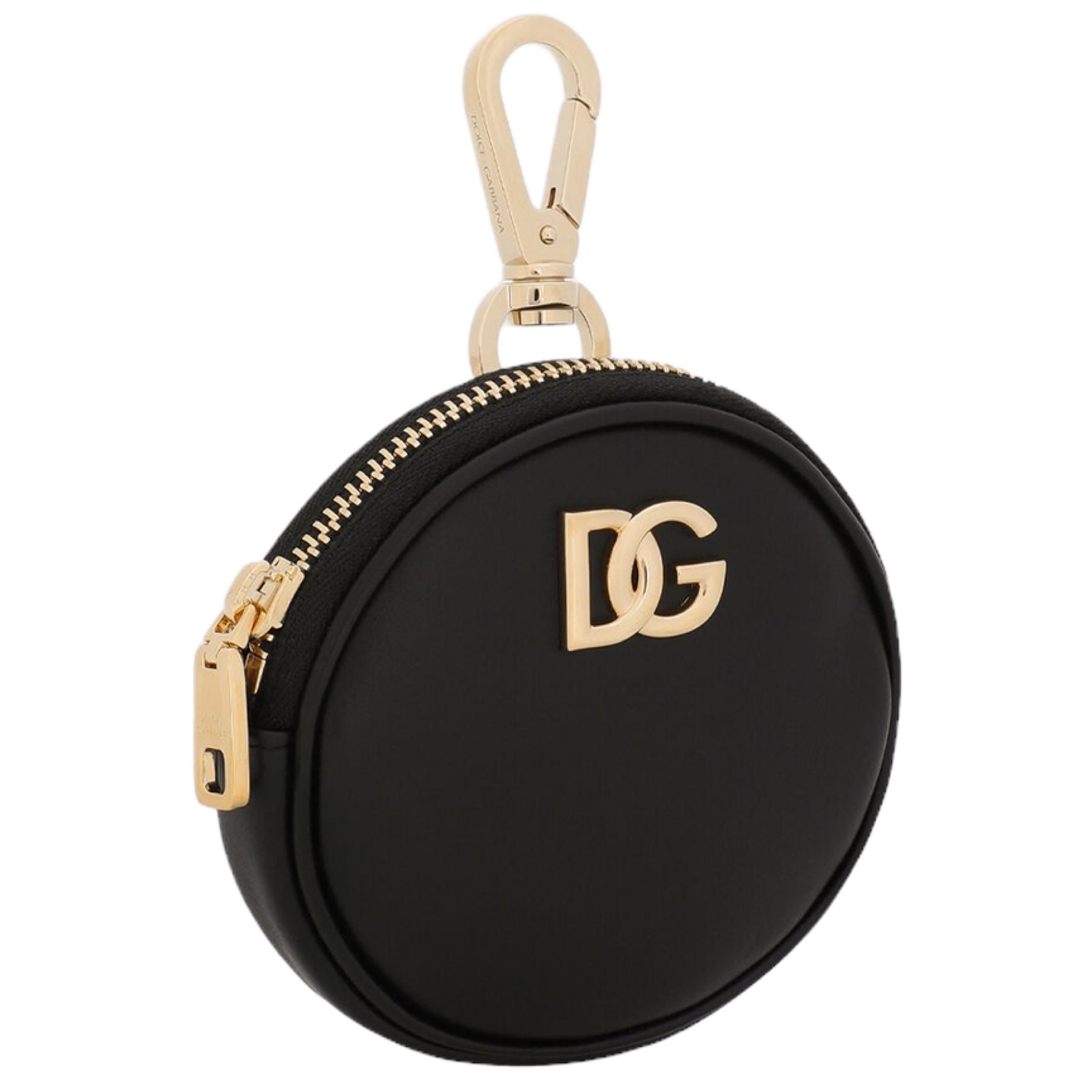 New Dolce & Gabbana Black Front Logo Leather Round Coin Pouch In New Condition For Sale In San Marcos, CA
