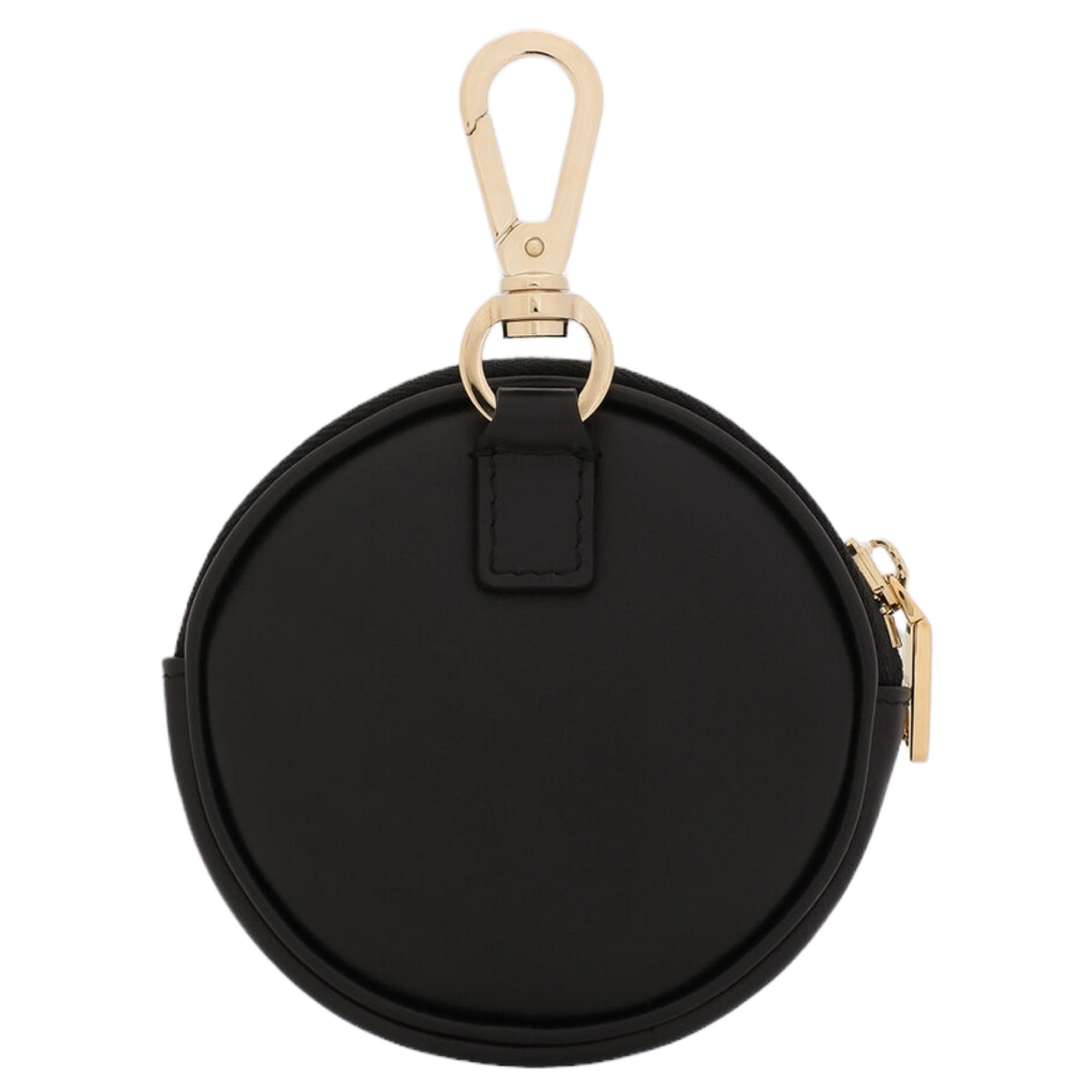 Women's or Men's New Dolce & Gabbana Black Front Logo Leather Round Coin Pouch For Sale