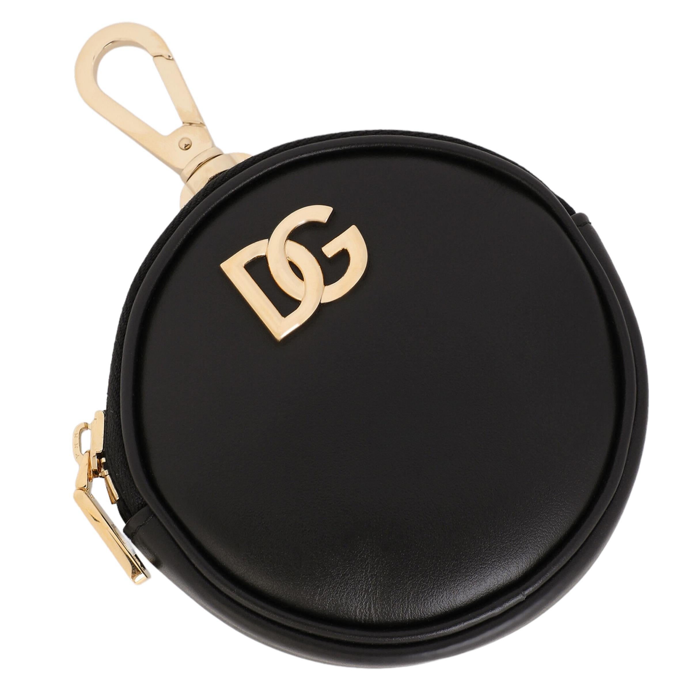 New Dolce & Gabbana Black Front Logo Leather Round Coin Pouch For Sale 1