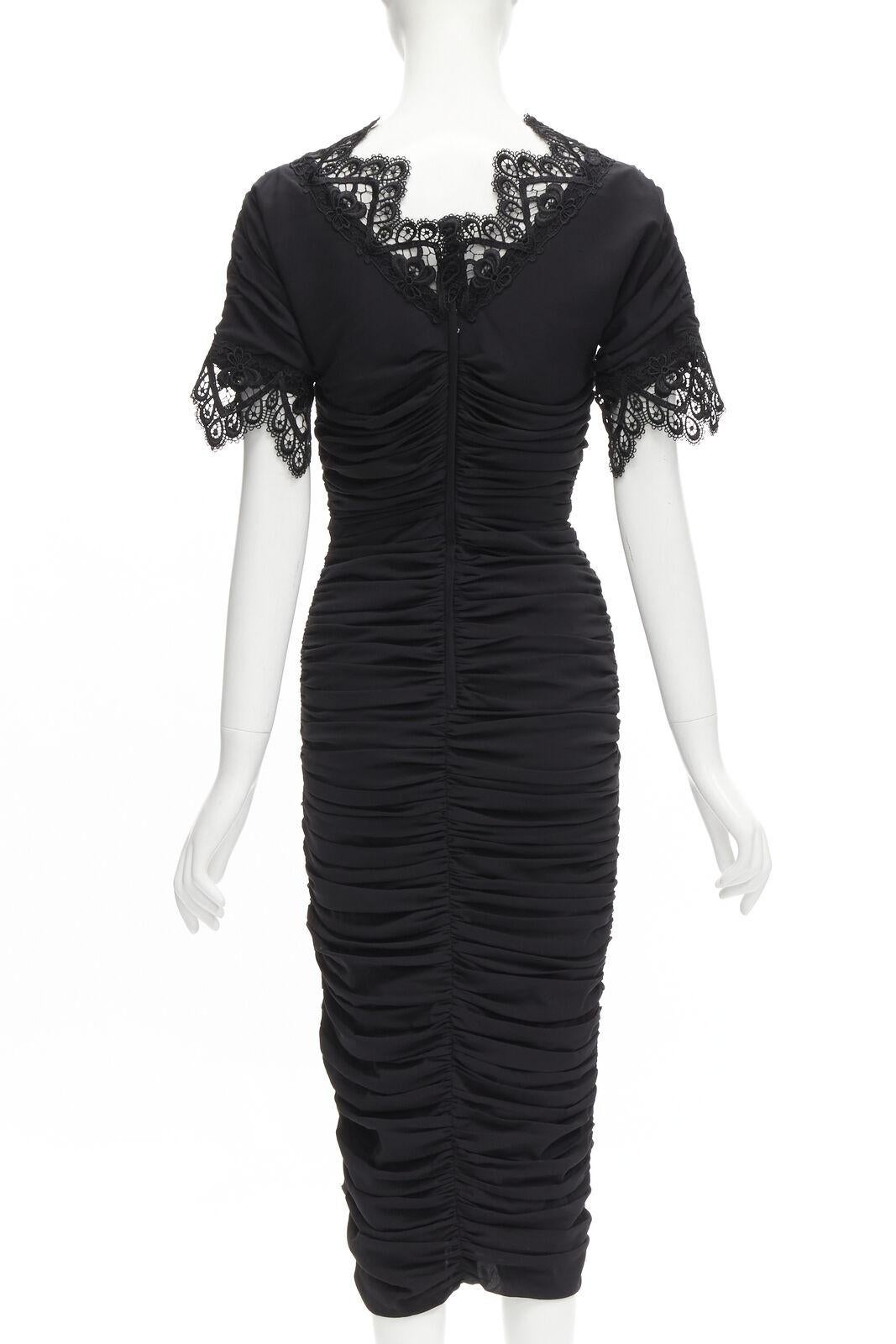new DOLCE GABBANA black silk gathered shirred lace trim cocktail dress IT42 M For Sale 1