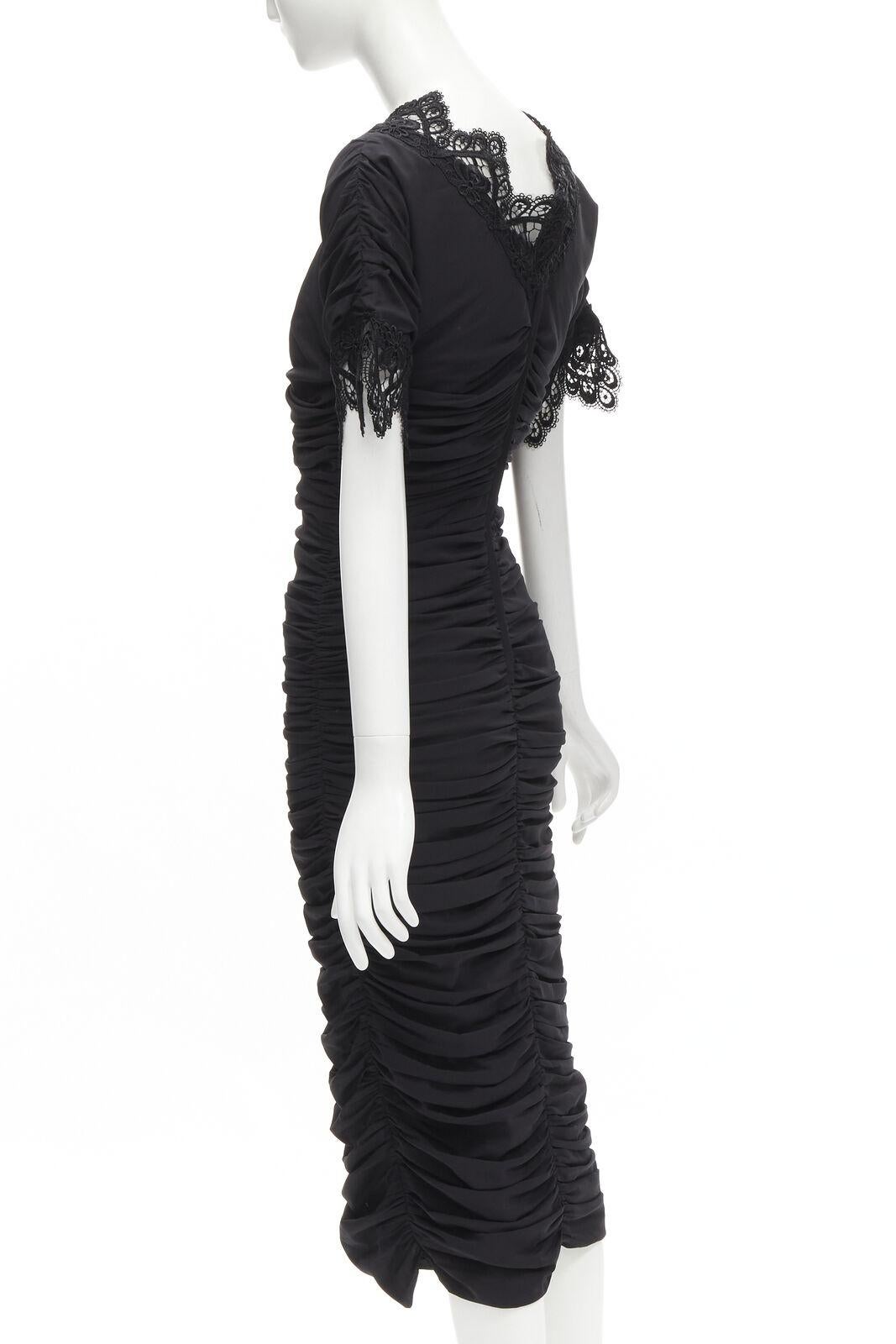 new DOLCE GABBANA black silk gathered shirred lace trim cocktail dress IT42 M For Sale 2