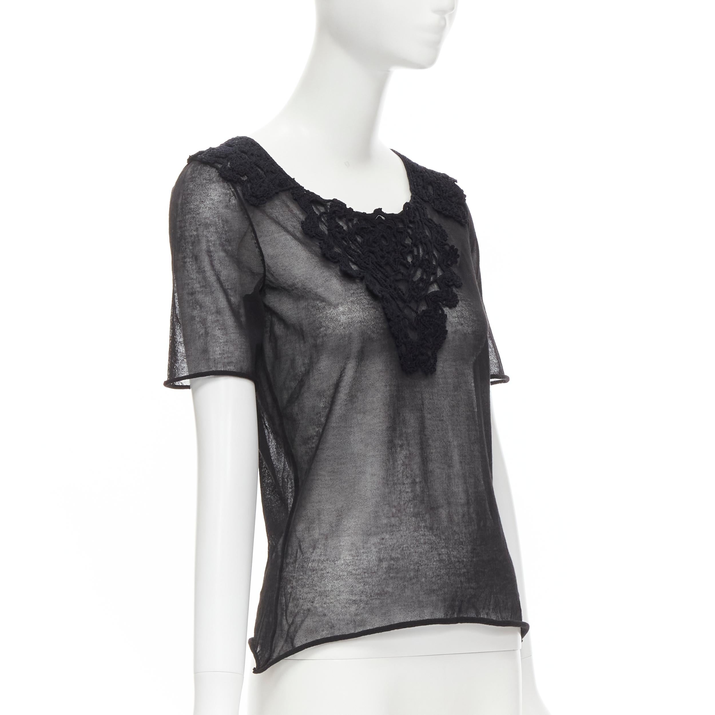 Black new DOLCE GABBANA crochet lace sheer rolled edges fine knit cotton top IT40 S For Sale