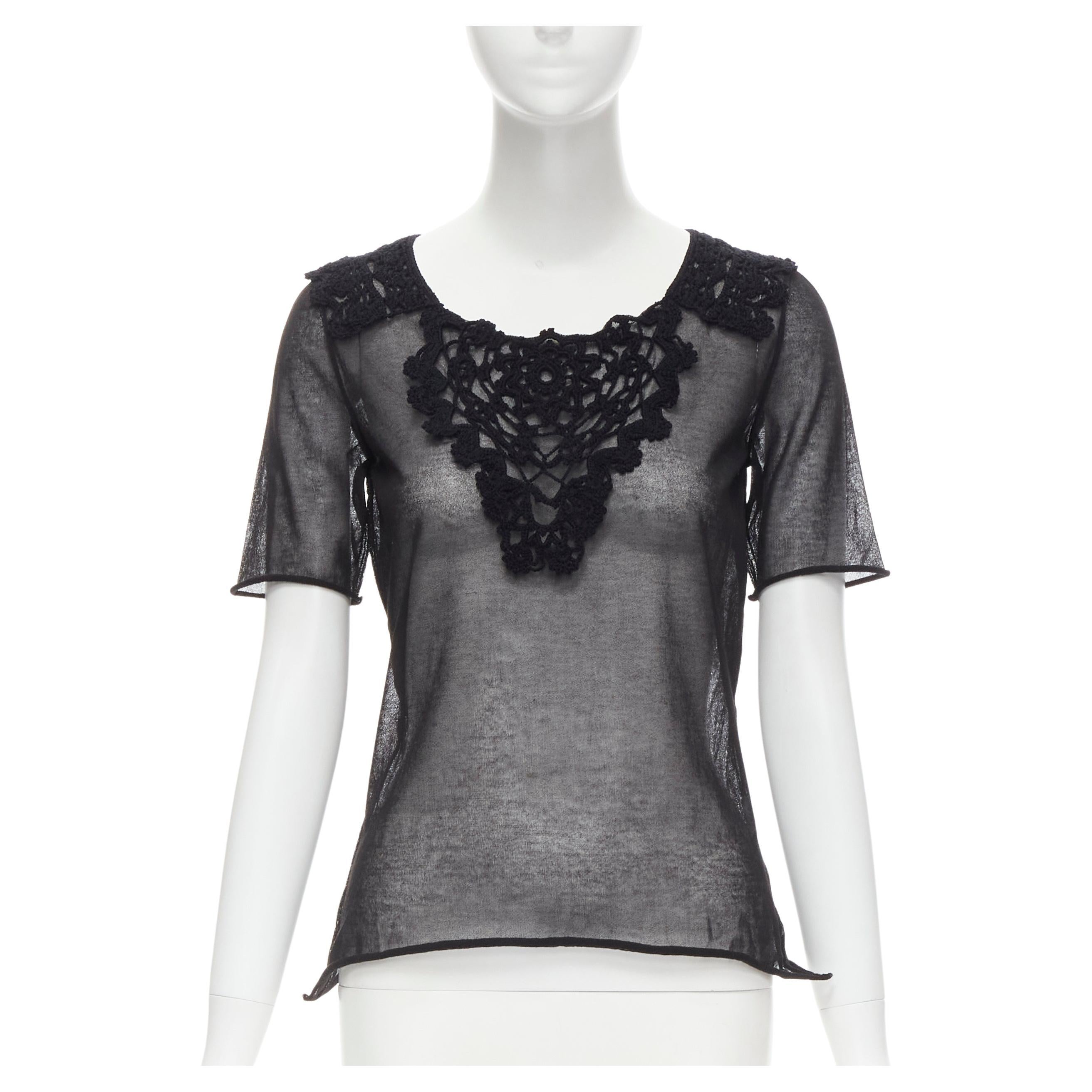 new DOLCE GABBANA crochet lace sheer rolled edges fine knit cotton top IT40 S For Sale