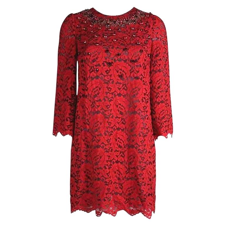 NEW Dolce & Gabbana Crystal Embellished Red Lace & Silk Dress 38 For Sale