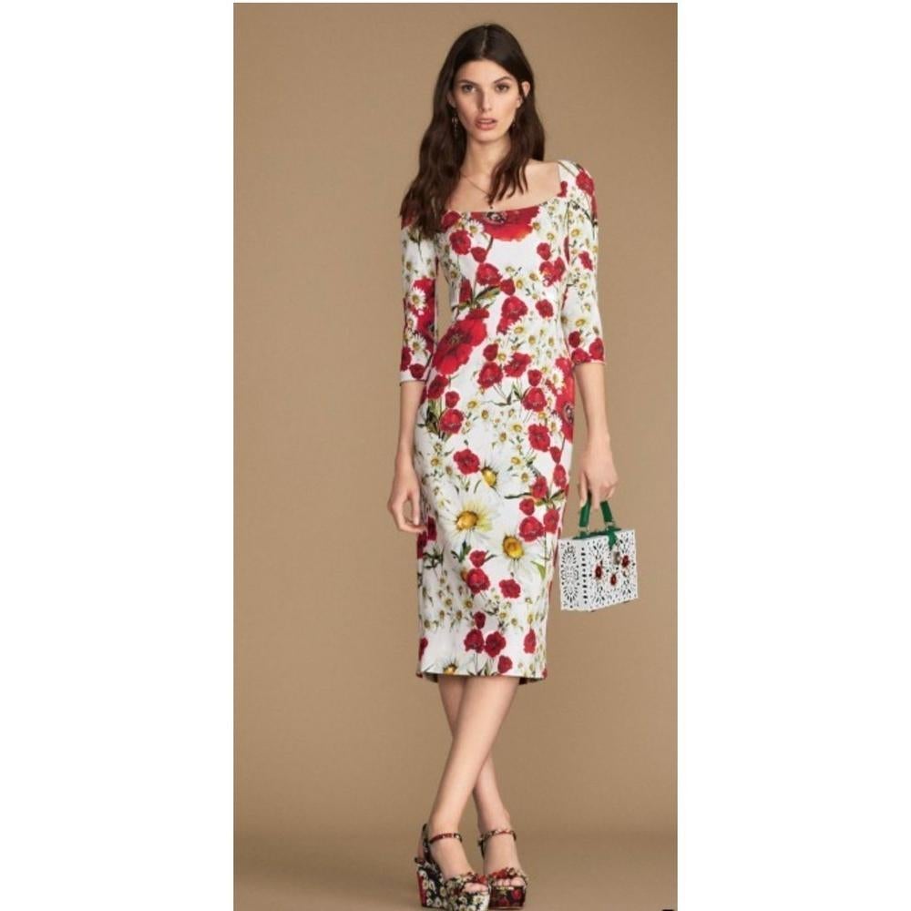 NEW Dolce & Gabbana Daisy and Poppy Print Silk Blend Dress sz IT42 US 4 For Sale 1