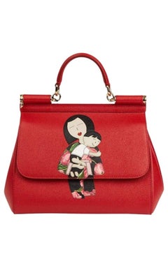 NEW Dolce & Gabbana Family Print Sicily Red Leather Tote Shoulder Structured Bag