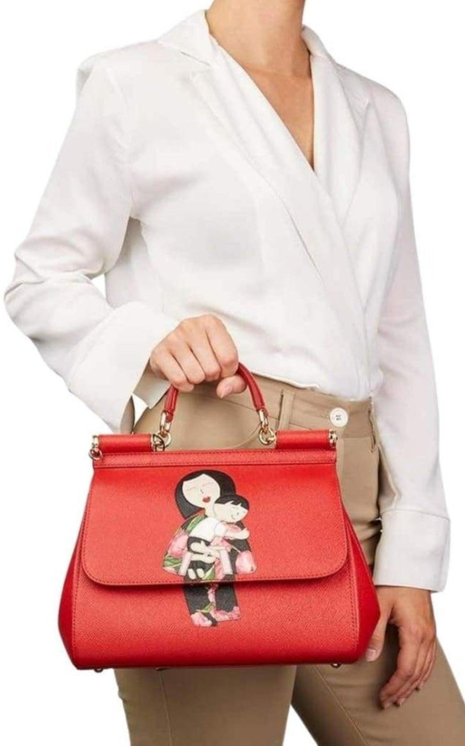 Women's NEW Dolce & Gabbana Family Print Sicily Red Leather Tote Shoulder Structured Bag For Sale