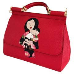 NEW Dolce & Gabbana Family Print Sicily Red Leather Tote Shoulder Structured Bag