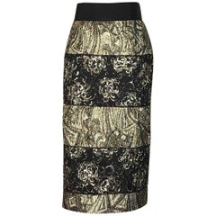 New Dolce 
Gabbana Gold and Black Deco Jacquard Stripe Straight Pencil Skirt