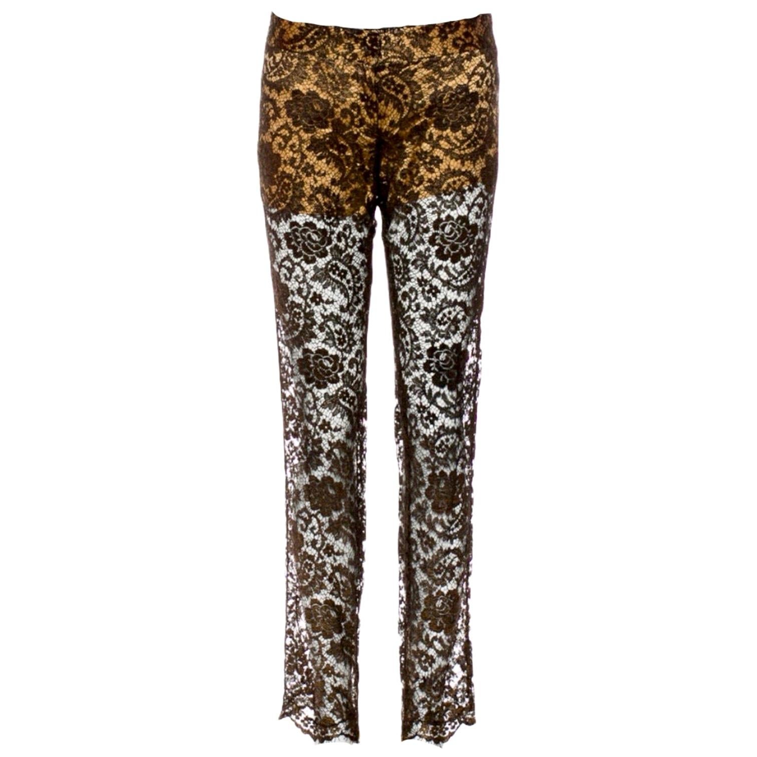 NEW Dolce & Gabbana Gold-Coated Semi Sheer Lace & Silk Pants Trousers 40 For Sale
