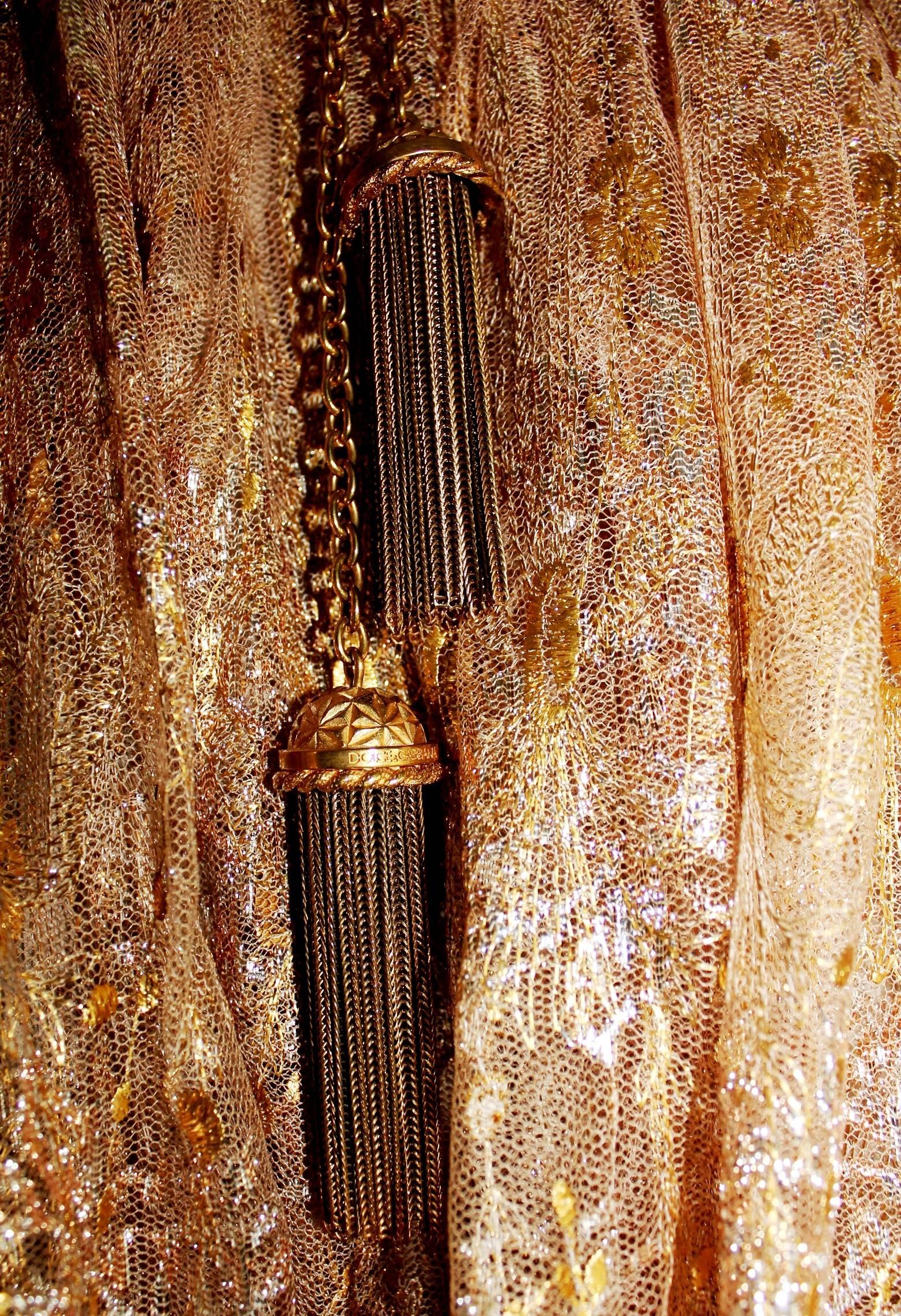 Brown UNWORN Dolce & Gabbana 2006 Gold Metallic Lace Tassel Empire Dress Gown 42 For Sale