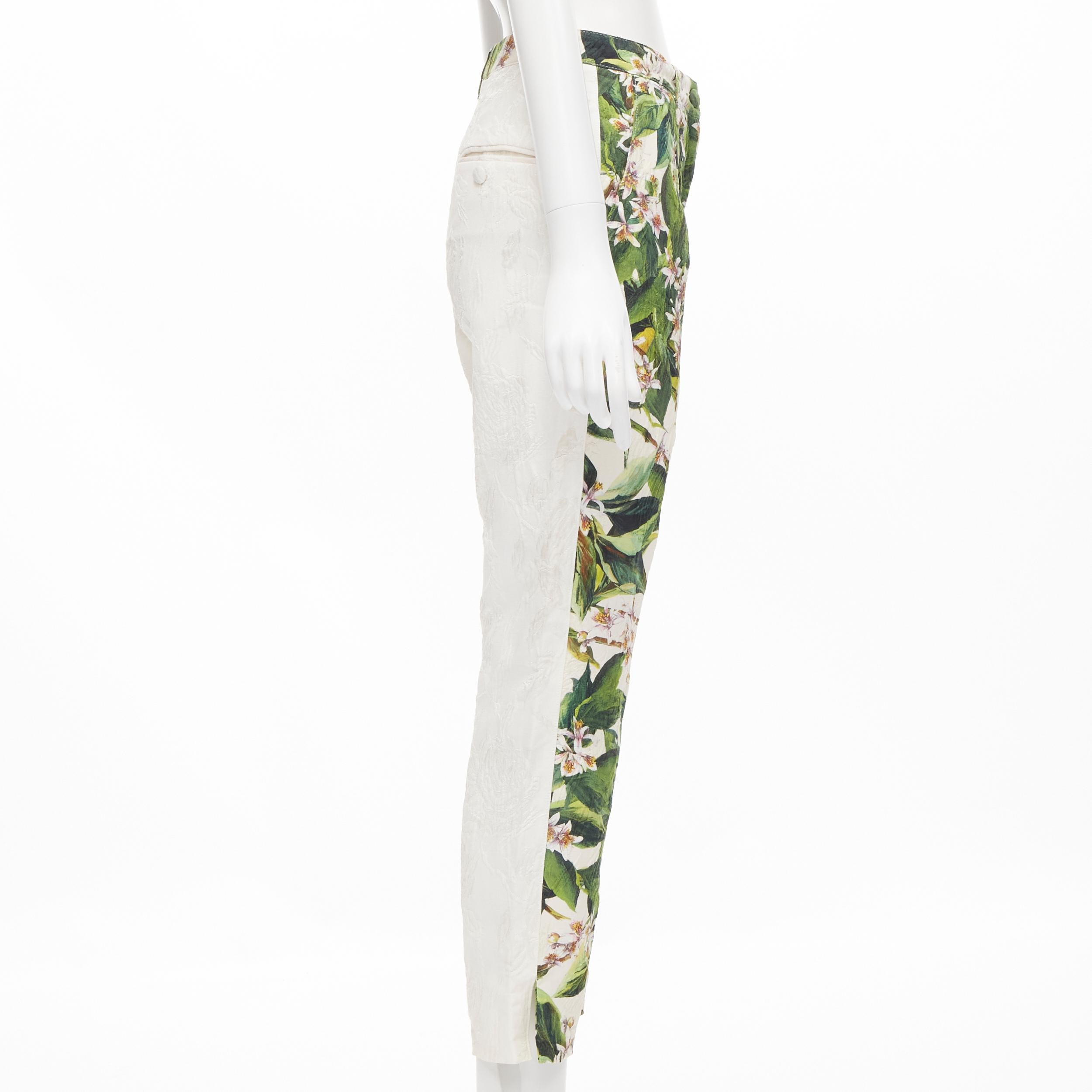 Beige new DOLCE GABBANA green pink blossom floral jacquard cropped trousers IT36 XXS