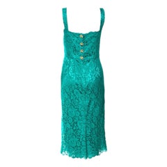 NEW Dolce & Gabbana Turquoise Aqua Lace Crystal Floral Buttons Shift Dress 40
