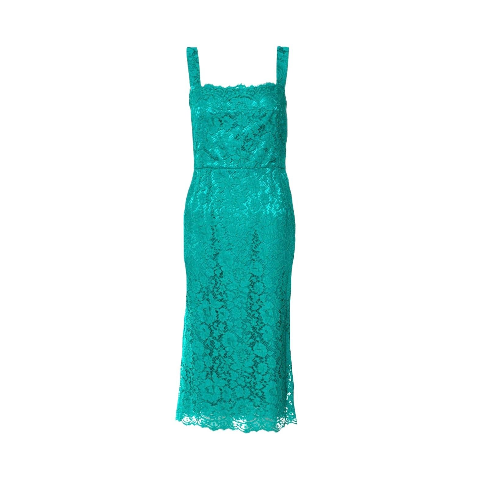 NEW Dolce & Gabbana Turquoise Aqua Lace Crystal Floral Buttons Shift Dress 40 In Excellent Condition For Sale In Switzerland, CH