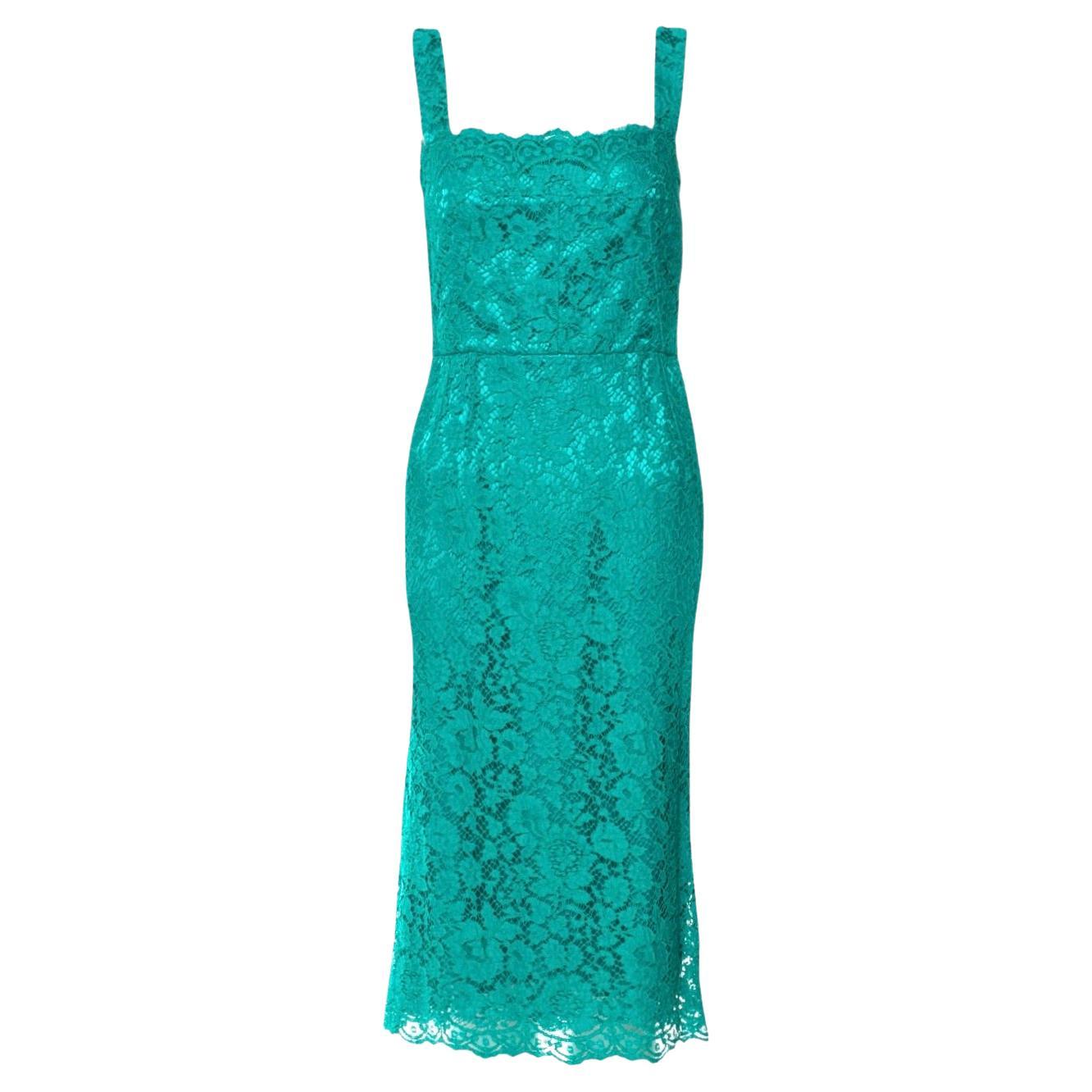 NEW Dolce & Gabbana Turquoise Aqua Lace Crystal Floral Buttons Shift Dress 40 For Sale