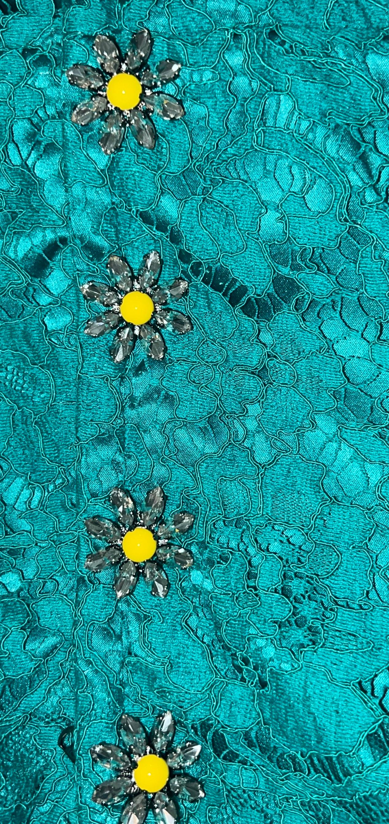 NEW Dolce & Gabbana Turquoise Aqua Lace Crystal Floral Buttons Shift Dress 40 For Sale 1