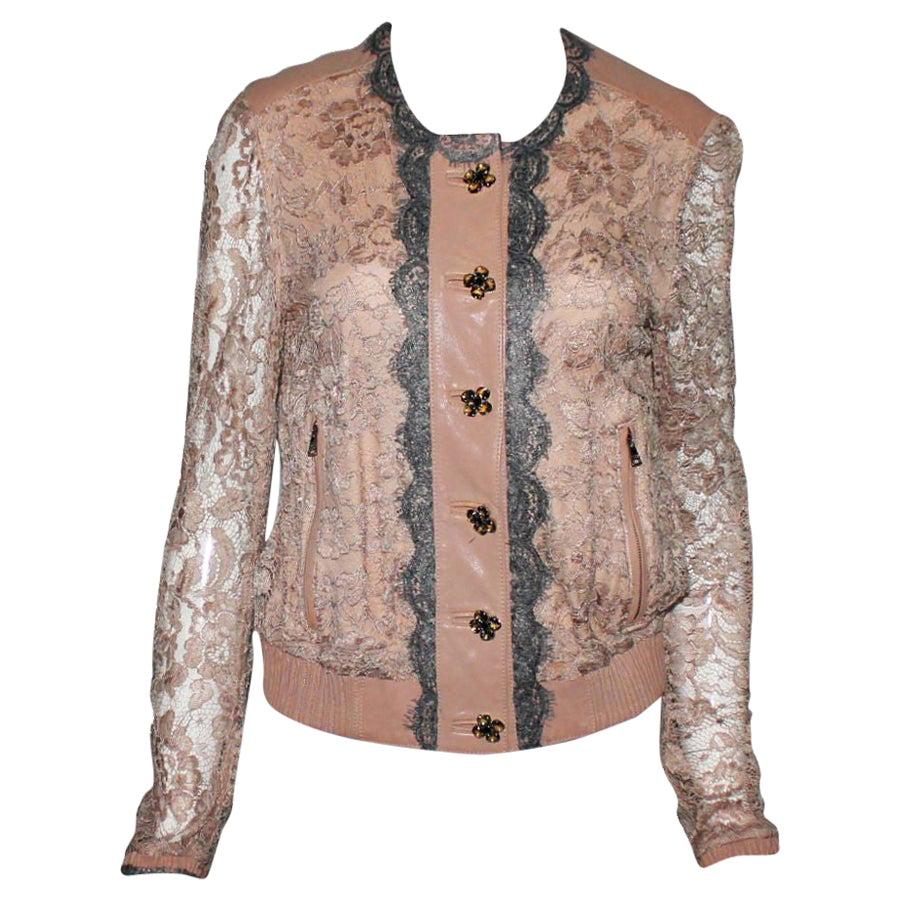 NEW Dolce & Gabbana Leather Lace Jacket with Jewelry Buttons 42 For Sale