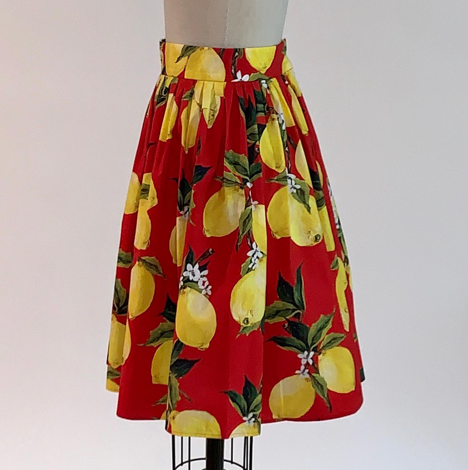 Dolce and Gabbana red and yellow lemon print full skirt. Back zip and snap closure. 

100% cotton. 

Made in Italy.

Size IT 38, approximate US 2. See measurements.
Waist 26