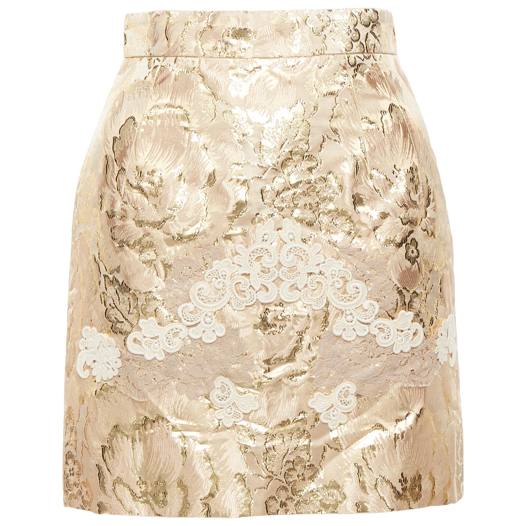 new DOLCE GABBANA metallic gold lace applique floral brocade fitted skirt IT36