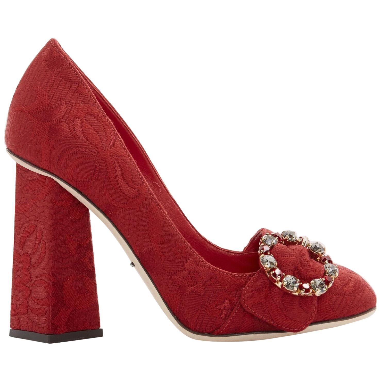 new DOLCE GABBANA red floral jacquard jewel buckle angular block heel EU35