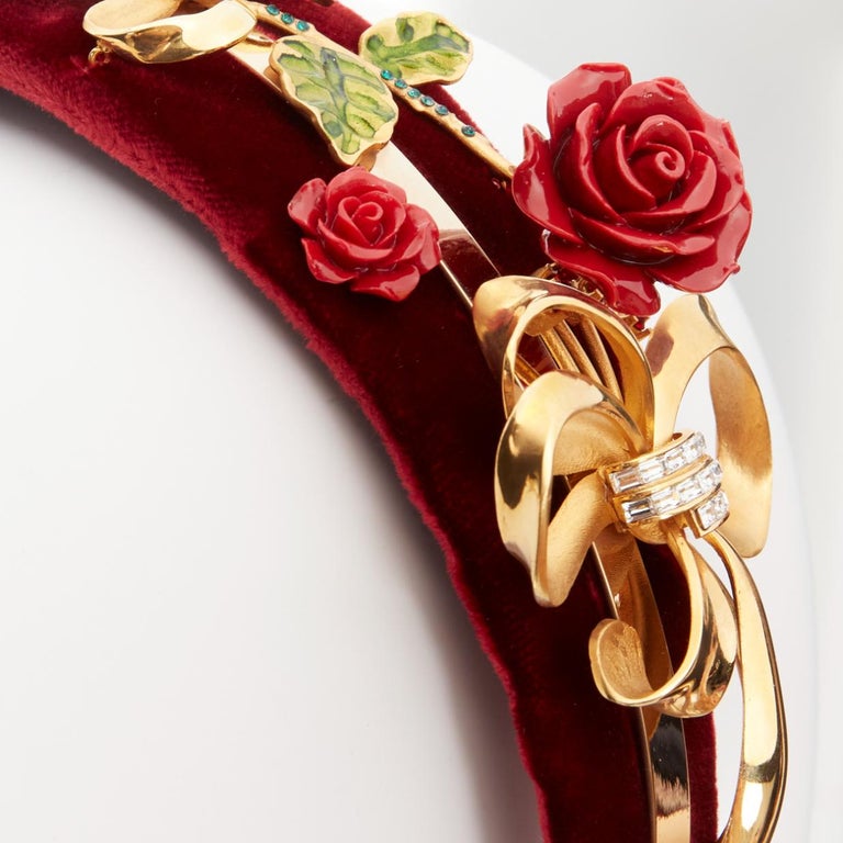 new DOLCE GABBANA red rose crystal gold ribbon velvet 