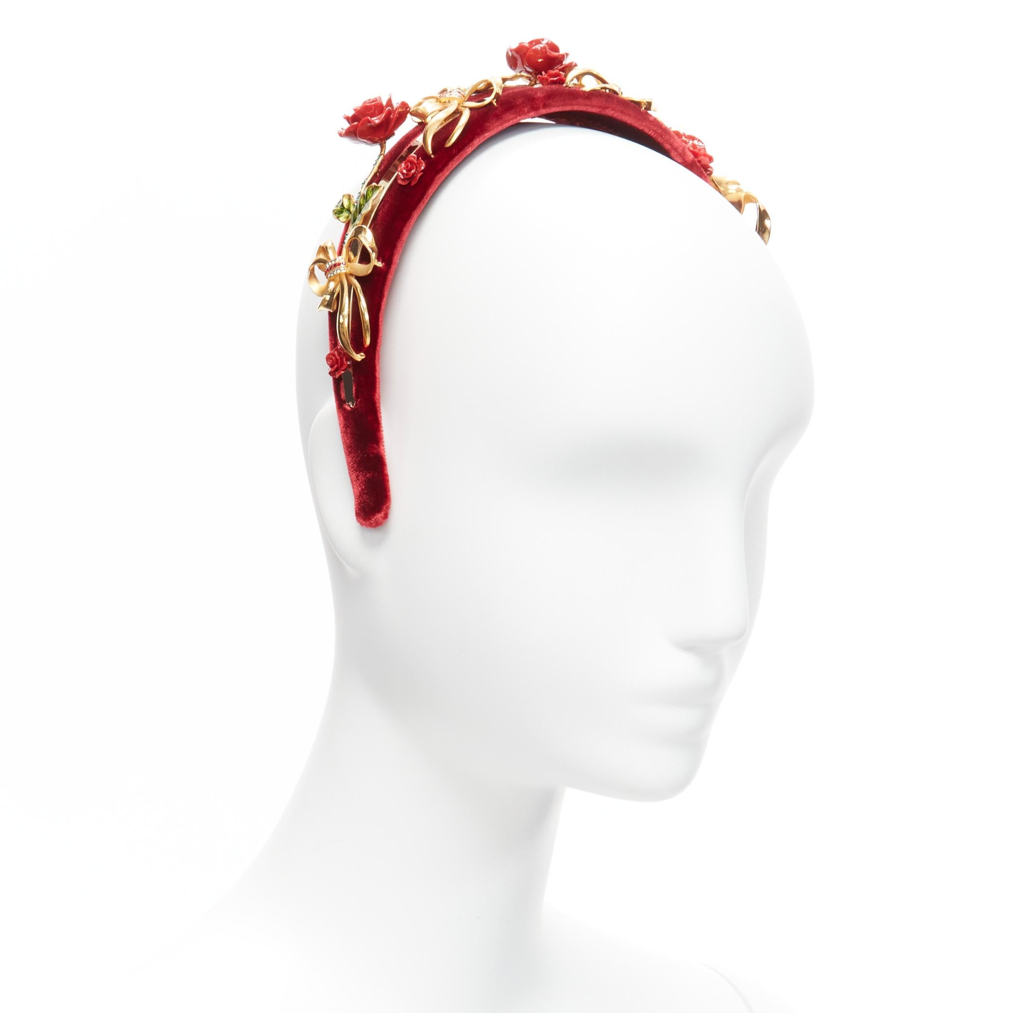 new DOLCE GABBANA red rose crystal gold ribbon velvet statement headband In Good Condition In Hong Kong, NT