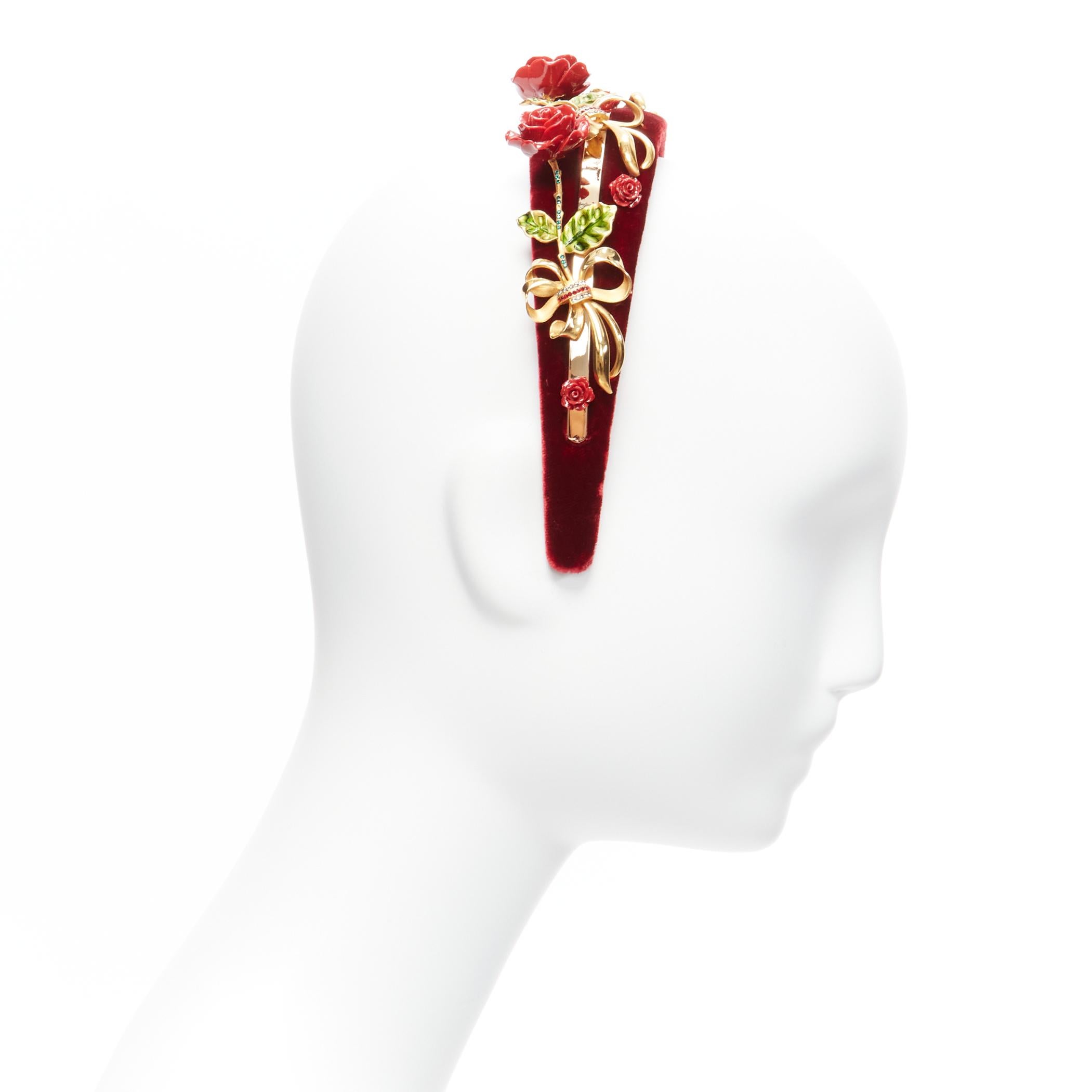 Women's new DOLCE GABBANA red rose crystal gold ribbon velvet statement headband