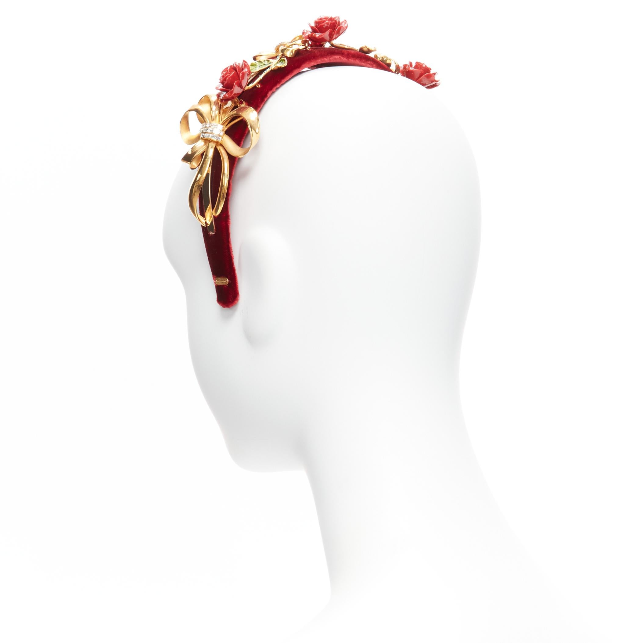new DOLCE GABBANA red rose crystal gold ribbon velvet statement headband 2