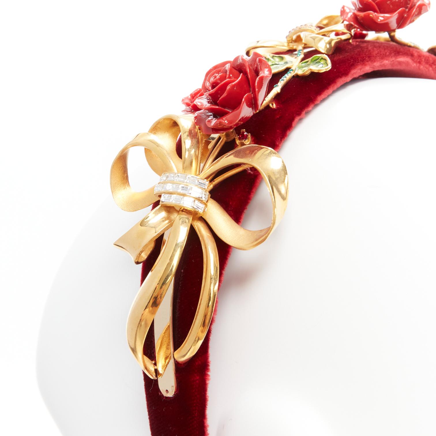 new DOLCE GABBANA red rose crystal gold ribbon velvet statement headband 4