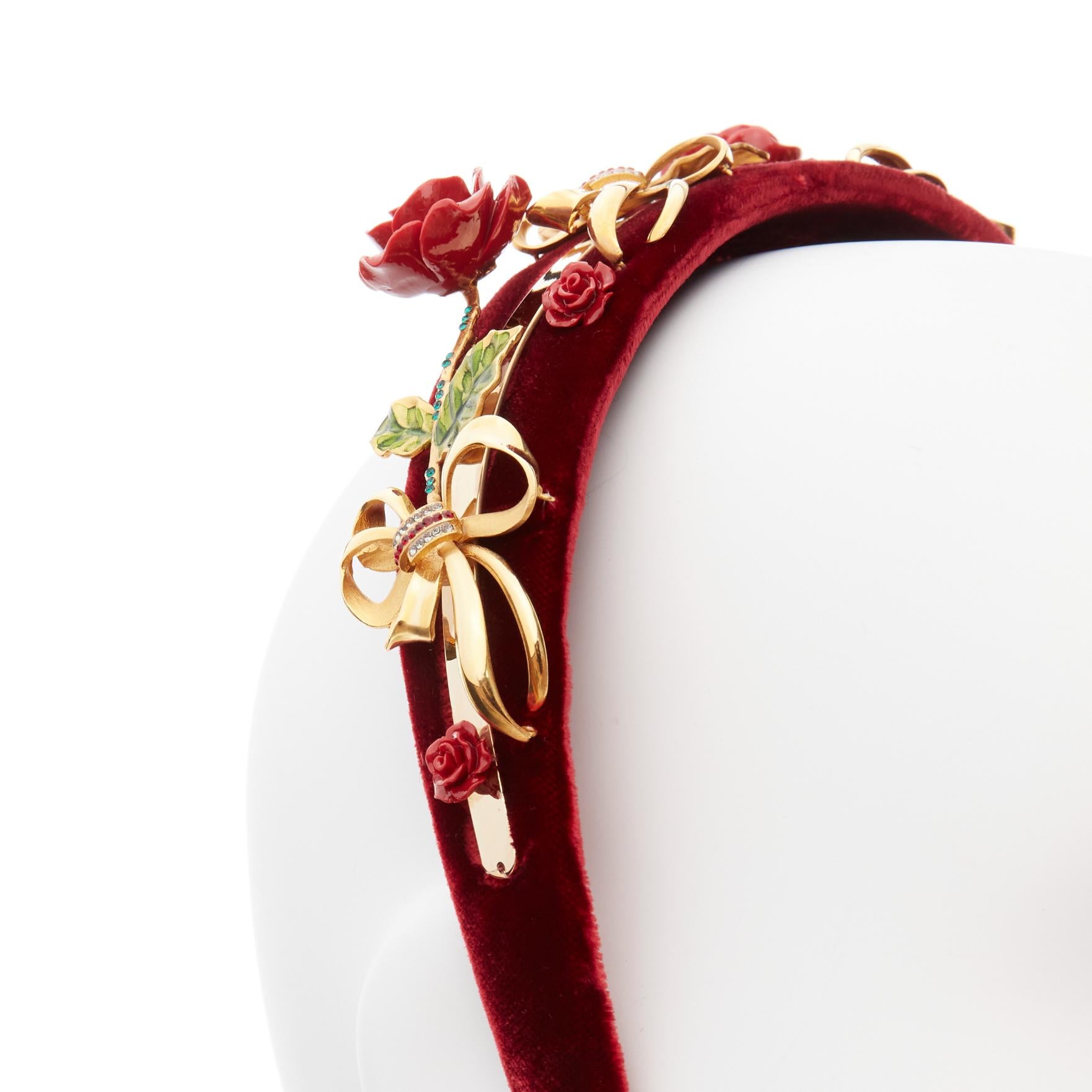 new DOLCE GABBANA red rose crystal gold ribbon velvet statement headband 5