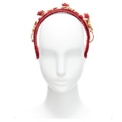 new DOLCE GABBANA red rose crystal gold ribbon velvet statement headband