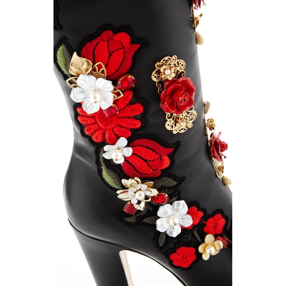Black NEW Dolce & Gabbana Rose Embroidered High Nappa Boot IT37 US6.5