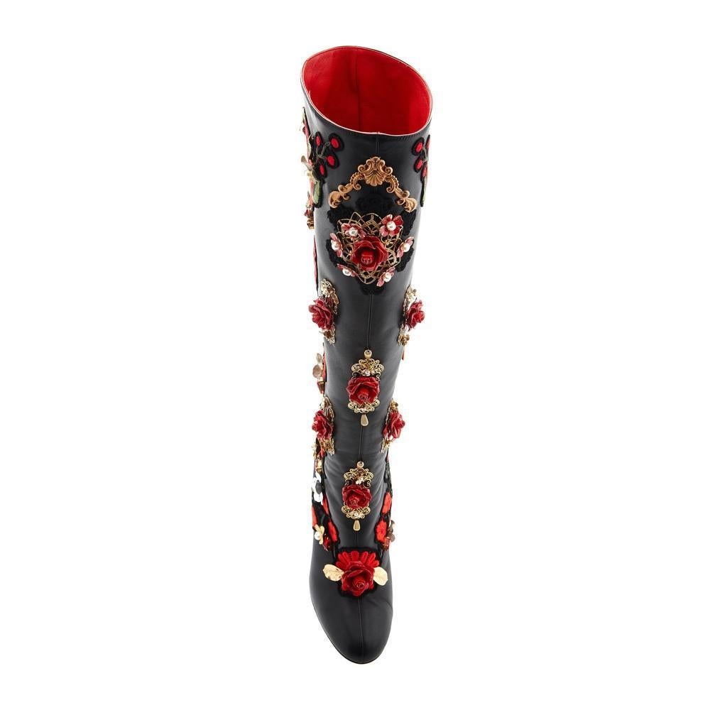NEW Dolce & Gabbana Rose Embroidered High Nappa Boot IT37 US6.5 1